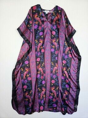 Winlar Satin Caftan Dress One Size Peacock Floral Loungewear Maxi V-Neck